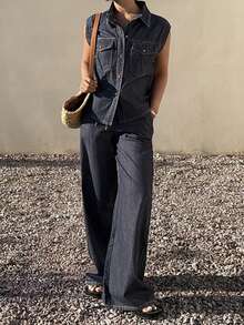 Livesso Women's Casual Denim Jumpsuit With Lapel Collar, Large Pockets And Pants - Blue - View 6