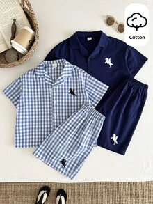 SHEIN Bộ đồ ngủ ngắn tay dáng rộng, cổ bẻ, kẻ sọc, 4 món cho bé trai, 2 kiểu dáng, 1 bộ 4 món. - Màu xanh lam - Xem 4