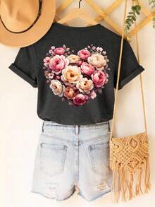 DrmWander 度假、春季、休闲女装、春季碎花上衣、女士图案T恤、可爱休闲上衣、可爱短袖上衣、碎花爱心印花T恤 - 深灰色 - 查看 5