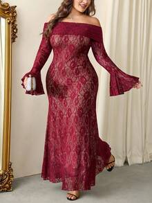 Firerie Plus Size Elegant Wedding Nude Contrast Lining Off Shoulder Lace Dress,Women's Autumn Casual Vacation Party High-Low Hem Ruffle Sleeve Long Dress - Burgundy - View 1