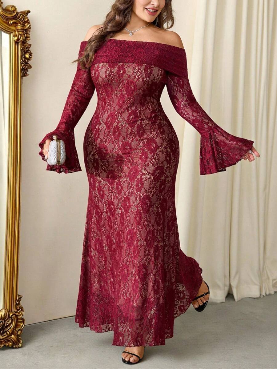 Firerie Plus Size Elegant Wedding Nude Contrast Lining Off Shoulder Lace Dress,Women's Autumn Casual Vacation Party High-Low Hem Ruffle Sleeve Long Dress - Burgundy - View 1