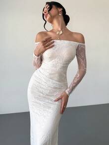 Firerie 女士优雅浪漫约会派对婚礼宾客礼服，白色蕾丝露肩长袖修身鱼尾裙，适合下午茶、户外派对、正式场合、毕业典礼、派对、舞会、生日等场合。 - 白色 - 查看 4