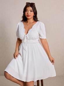 Elaquor Plus Size Women Contrast Lace Front Tie Short Puff Sleeve Fashionable Dress White Summer Dress Casual White Dress White Button Up Dress Spring Casual Vacation Outfit Women Spring Dress For Women Babydoll Dress Mini Dress, Summer Dresses - White - View 4