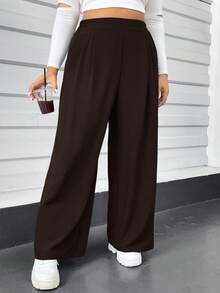 Auralis 大码女装秋冬休闲舒适宽松弹力腰灰色基础款阔腿裤，秋季女装，返校节，复古风，外出下装，曲线裤，女装搭配，秋季裤装 - 巧克力棕 - 查看 5