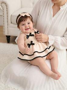 女婴优雅甜美风荷叶边蝴蝶结装饰无袖多层连体衣，轻盈柔软透气，飘逸舒适，适合日常穿着和可爱拍照，春夏时尚套装 - 杏色 - 查看 1