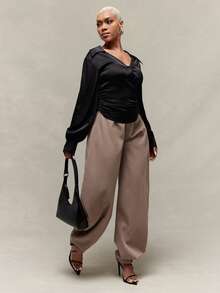 Vixey Black Satin Pointed Collar Low V Neck Balloon Sleeve Wrap Around Top - Black - View 3