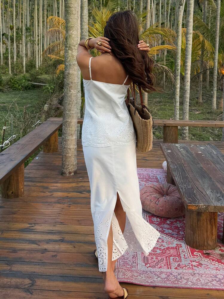 2pcs Women Solid Color Floral Embroidery Hem Fitted Maxi Dress & Camisole Set, Elegant Vacation Outfit, Spring/Summer