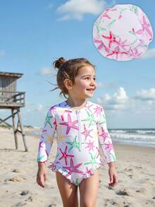 1件婴儿/女婴长袖连体泳衣，带拉链，可爱蝴蝶结和花朵印花，附赠帽子 - 粉色 - 查看 6