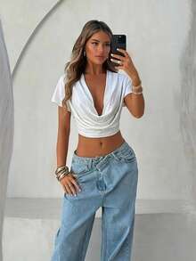 Sirith 新款深V领露脐上衣，性感时尚 - 白色 - 查看 1