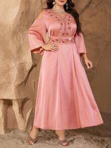 Al Najma Robe élégante à sequins ajourée pour femmes grandes tailles, printemps/été - Corail - Voir 7