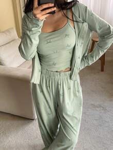 DAZY 3pcs Bow Print All-Over Allover Print Camisole & Pants Pajama Set For Women, Spring - Green - View 3
