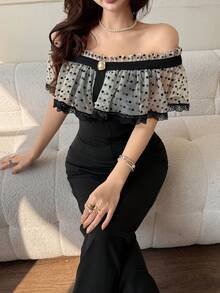 Feyla Women's Elegant Off-Shoulder Ruffle Jumpsuit, Everyday Wear Off The Shoulder Jumpsuit Poka Dots Jumpsuit Polka Dot - Black - View 3