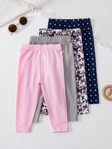 SHEIN Playful Pals 4条婴儿/女婴休闲碎花印花及纯色打底裤，适合所有季节 - 彩色 - 查看 3