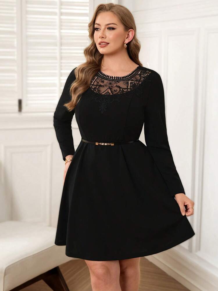 Plus Size Elegant Black Lace Patchwork Dress,Wedding Guest Dress For Women Plus Size Black Elegant Dress Long Sleeve Elegant Dress Black Elegant Dress Curve Women Plus Dress
