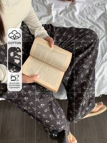 Dazy Plus Ditsy Floral Elastic Waist Drawstring Loose Straight Leg Pajama Bottoms - Black - View 6