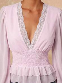 Lumalex 蕾丝边饰松紧腰带柔软网纱泡泡袖荷叶边下摆女式衬衫 - 淺粉色 - 查看 3