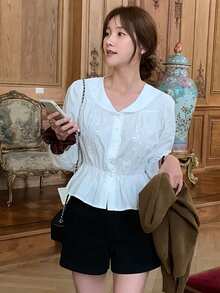 DAZY 女士优雅刺绣修身长袖衬衫，春季款 - 白色 - 查看 7