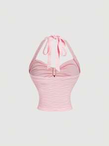 SHEIN MOD Setelan Wanita 2pcs/Set Atasan Halter Jacquard dan Rok Warna Pink Muda untuk Liburan Musim Panas Tropis - Berwarna merah muda - View 6