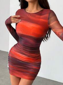 SHEIN PETITE Đầm mini ôm sát gợi cảm in họa tiết tie-dye bằng vải lưới dành cho nữ. - Màu Đỏ Sâu - Xem 3