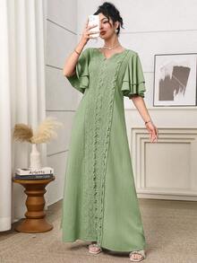 Al Najma 女士优雅拼接水溶蕾丝镂空领阿拉伯风格连衣裙，夏季 - 綠色 - 查看 4