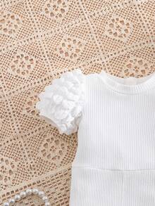 SHEIN 女婴可爱夏季针织百搭泡泡袖连体衣 - 白色 - 查看 4
