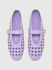 CUCCOO BIZCHIC 女士鞋 法式新款时尚紫色镂空格纹方头平底鞋，优雅百搭，舒适透气，轻便简约休闲高级凉鞋 - 紫色 - 查看 2
