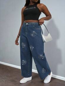 Slaydiva 春夏大码女式水钻花朵口袋阔腿宽松休闲牛仔裤 - 藍色 - 查看 3