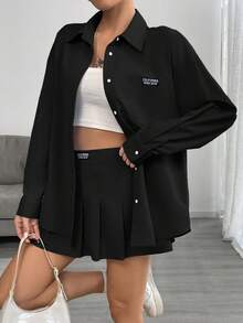 Comfortcana 2pcs Plus Size Set: Black Long Sleeve Blouse And Shorts Skirt With Included Shorts, Spring/Summer - Black - View 4