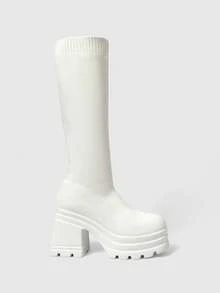 ROMWE Grunge Punk Fall/Winter 2025 New Arrival Women's Knitted Elastic White Over-The-Knee Boots With Thick High Heels And Lightweight Platform Sole - White - View 5