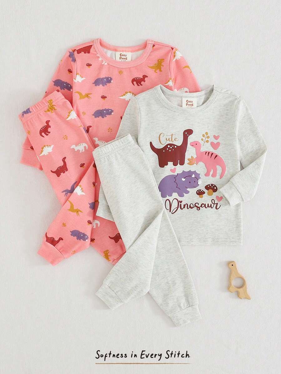 Cozy Pixies 女婴卡通图案针织柔软圆领长袖上衣和弹力腰带打底裤两件套贴身睡衣套装 - 彩色 - 查看 1