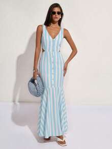 COSMINA 女士蓝白条纹V领纽扣腰部镂空露背鱼尾长连衣裙，休闲优雅度假婚礼派对生日约会长裙 - 藍白色 - 查看 3