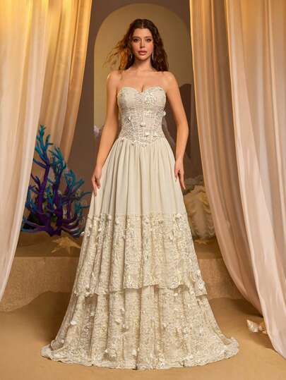 Glamrae Elegant Khaki Romantic Handmade 3D Floral Lace & Chiffon Patchwork Bustier Basque Low Waist A-Line Maxi Skirt With Romantic Lace Hem, Suitable For Dates, Vacations, Weddings, Back To School, Singles Parties, Women's Evening Gowns