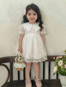 SHEIN 女婴优雅可爱白色花卉刺绣网纱泡泡袖迷你连衣裙 - 白色 - 查看 4