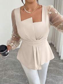Elenzga Blus Elegan Wanita Ukuran Plus dengan Kerah Asimetris, Pinggang Ramping, Model A-Line, Bordir Jala, dan Patchwork, Cocok untuk Musim Gugur/Dingin - Aprikot - View 3