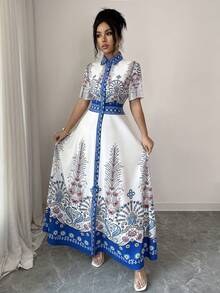 Elenzga Women's Elegant Casual Symmetrical Dragon & Phoenix Print Blue Waist Flare Dress, Suitable For Autumn/Winter Party, New Year, Christmas, Valentine's Day, Halloween Casual Wear - Blue - View 7