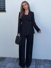 Jeta Ari 3pcs Women's Brown Shawl Neck Suit Set, Women's Casual Commuter Versatile Suit Set, Suitable For Office, Commute, Outing, Loose Casual Suit Set Blazer Set Women Women S Suit Set - Black - View 5