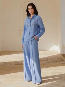 Anewsta Spring/Summer New Hollow Embroidered Lace Applique Beaded Blouse And Pleated Waist Design Pocket Casual Straight Leg Pants Chic 2-Piece Set For Women - Blue - View 1