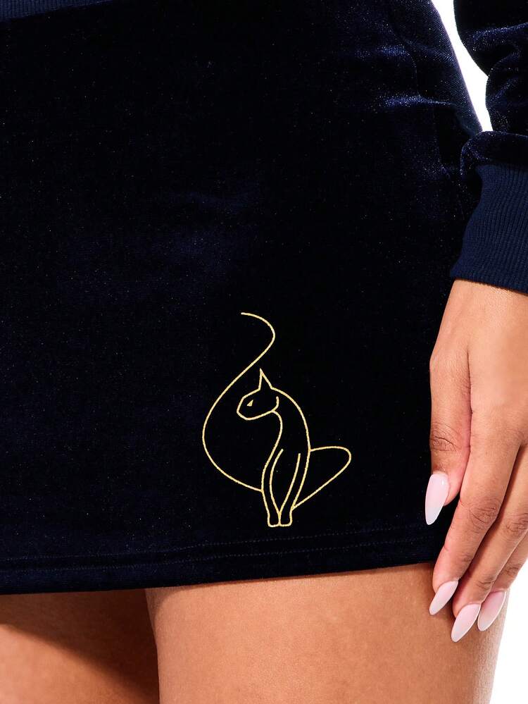 BABYPHAT Luxury Velour Mini Skirt With Gold Embroidered Cat Logo Detail Ribbed Waistband Fall Winter Fashion