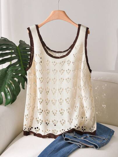 CosyJoli Plus Size Elegant French Hollow-Out Beige Camisole Knit Tank Top, Lightweight For Spring/Summer Women