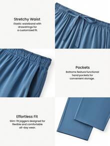 LUVLETTE 春夏男士藏蓝色基础款柔软100%纯棉睡裤家居服可外穿透气睡裤秋季睡衣 - 藍色 - 查看 6