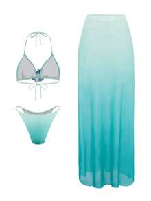 Bonvoyette Women's Sexy Ombre Blue Halter Neck 3 PiecesBikini Set For Beach Vacation - Blue - View 2