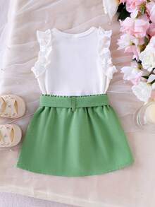 2pcs Baby Girls' Knit Ruffle Trim Top And Embroidered Waist Belt Skirt Set, Casual Summer Outfit - White - View 2