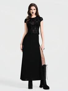 Breakform 女士哥特暗黑风植绒网眼圆领连帽修身性感T恤，适合日常出行和节日穿着 - 黑色 - 查看 7