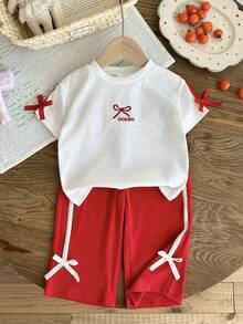 SHEIN 2pcs/Set Baby Girl Casual Street Style Black T-Shirt And Pants Set - Red - View 5