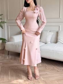 DAZY 女士优雅拼接方领泡泡袖碎花长连衣裙，春夏婚礼宾客礼服 - 粉色 - 查看 4
