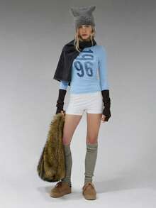 COUREZ Long Sleeve Jersey Top With Front Graphic Print /Y2K Long Sleeve Tops Going Out Tops Women Tops Winter Clothes For Women Blue Top Graphic Tees Women Cute Tops Summer Tops Summer Outfits - Baby Blue - View 7