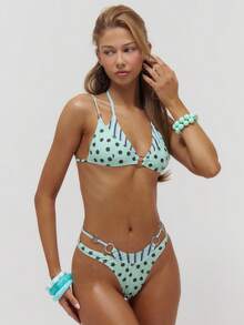 Musera Resort Bottom de bikini con detalles de anillo, estampado de rayas y lunares de doble capa, para verano, playa, vacaciones, uso diario, sexy y lindo, viaje - Multicolor - Ver 2