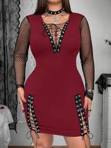 Whyspr Robe à manches longues pour femmes grandes tailles, style punk sombre, coupe slim, décolleté en V avec laçage croisé et œillets, patchwork en maille sexy. Convient pour les sorties quotidiennes, la tenue de Thanksgiving, le bal de promo, la Saint-Valentin, les concerts, les festivals de musique, les vacances, le printemps/l'été/l'automne - Rouge foncé - Voir 3