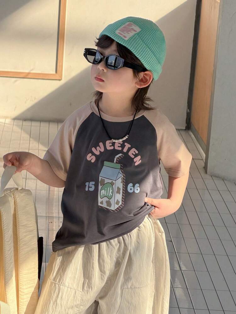 Young Boy Summer Casual Letter & Milk Carton Print Contrast Sleeve T-Shirt