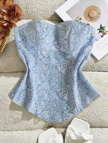 Franclia Women's Floral Embroidery Bandeau Top, Suitable For Beach/Resort Wear, Summer - Baby Blue - View 3